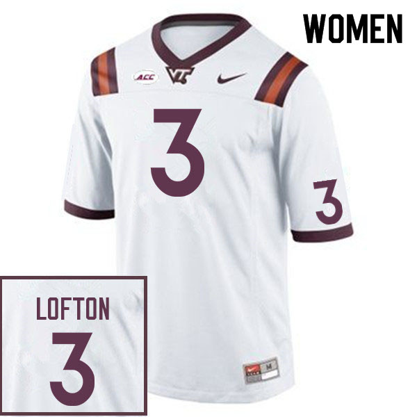 Women #3 Da'Wain Lofton Virginia Tech Hokies College Football Jerseys Sale-White - Click Image to Close
